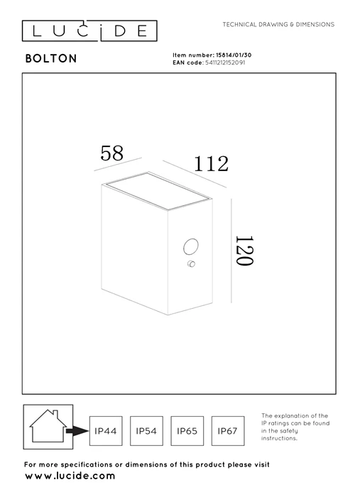 Lucide BOLTON - Wall light Indoor/Outdoor- Solar - LED Dim. - 1x1W 3000K - IP54 - Motion & Day/Night Sensor - Black - technical